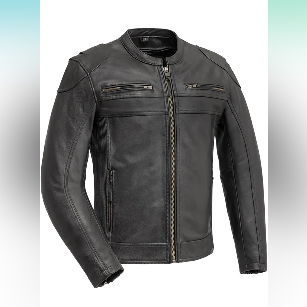 Biker style black leather jacket with center zip and banded collar size 4x